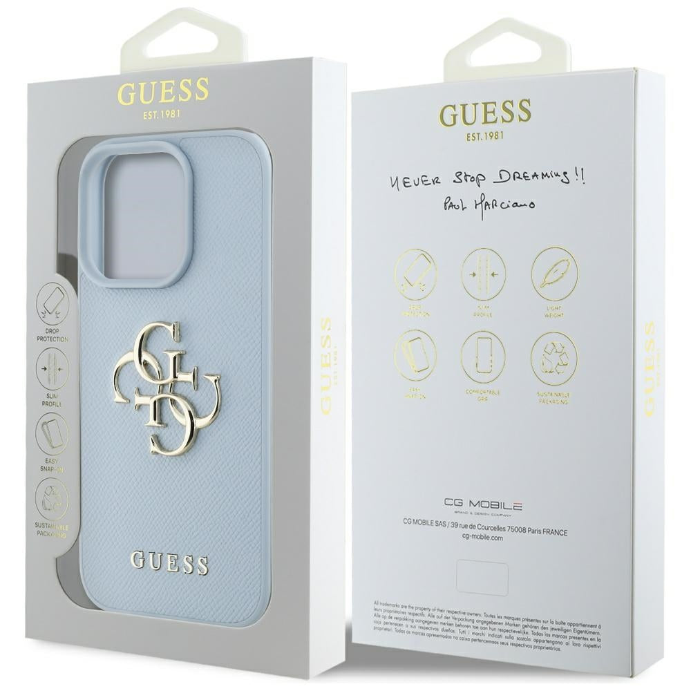 Hoes voor Apple iPhone 16 Pro Max, Guess, Grained Big 4G Logo Small Classic Logo, Blauw