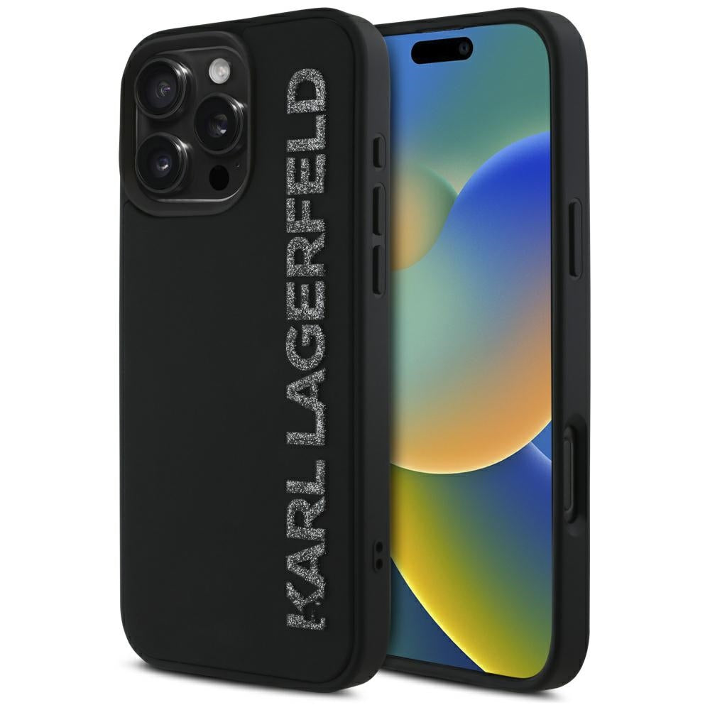 Hoes voor Apple iPhone 16 Pro Max, Karl Lagerfeld, 3D Rubber Elongated Glitter Logo, Zwart