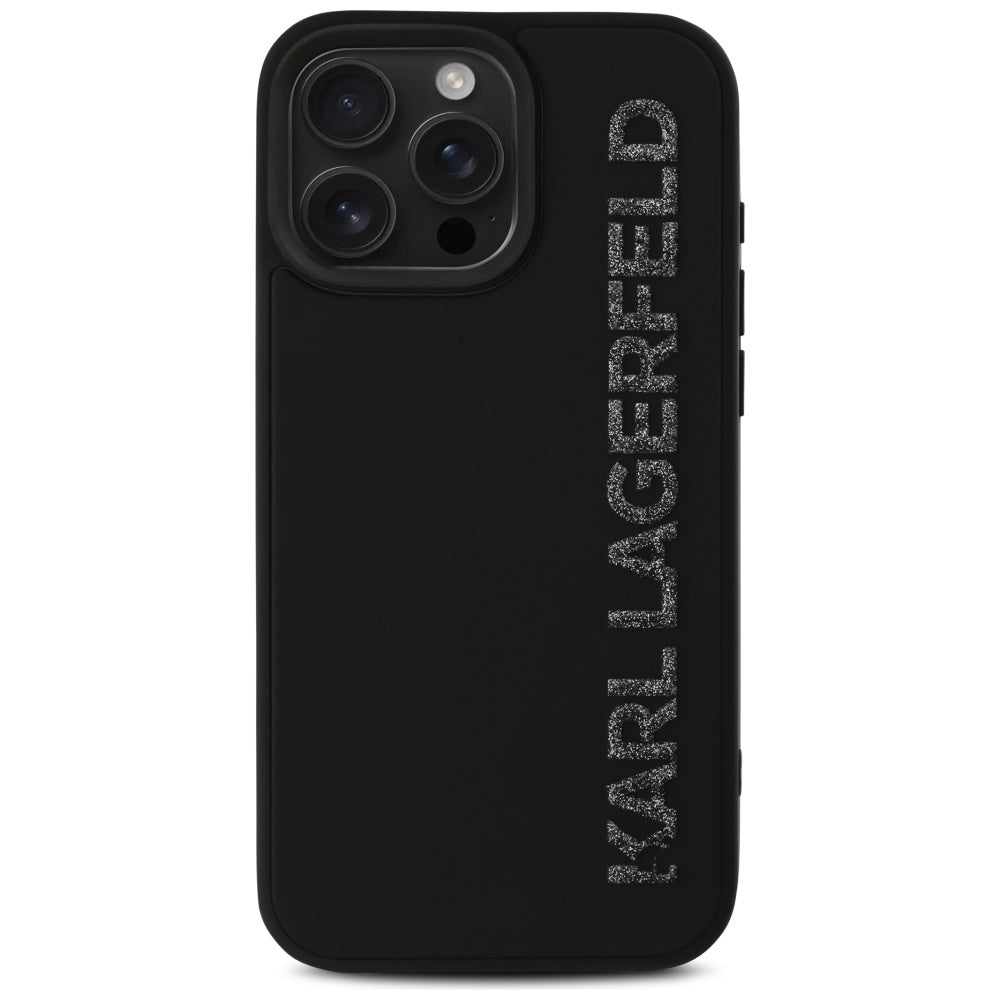 Hoes voor Apple iPhone 16 Pro Max, Karl Lagerfeld, 3D Rubber Elongated Glitter Logo, Zwart