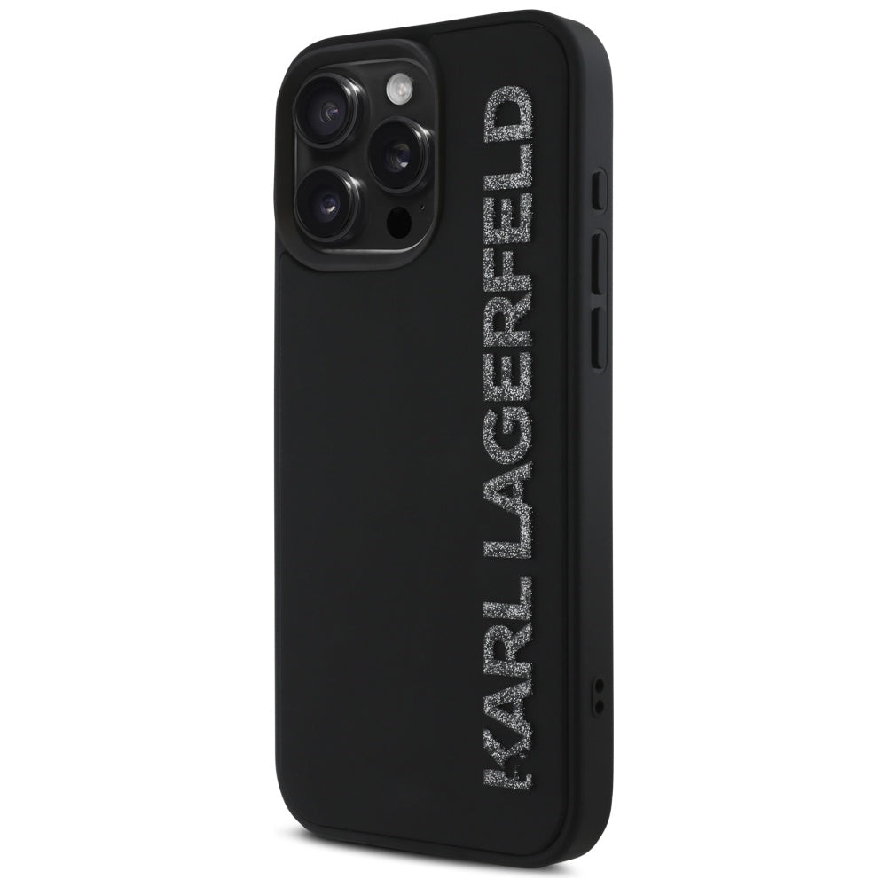 Hoes voor Apple iPhone 16 Pro Max, Karl Lagerfeld, 3D Rubber Elongated Glitter Logo, Zwart