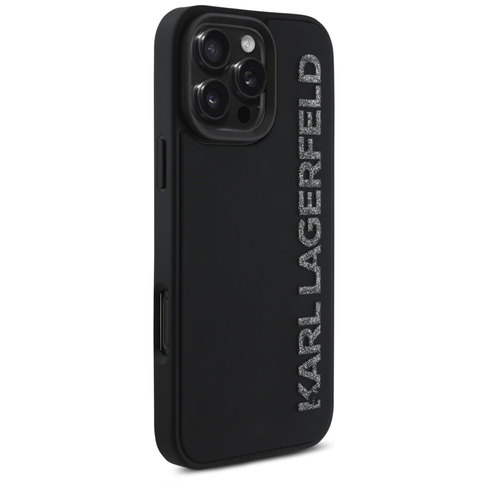 Hoes voor Apple iPhone 16 Pro Max, Karl Lagerfeld, 3D Rubber Elongated Glitter Logo, Zwart