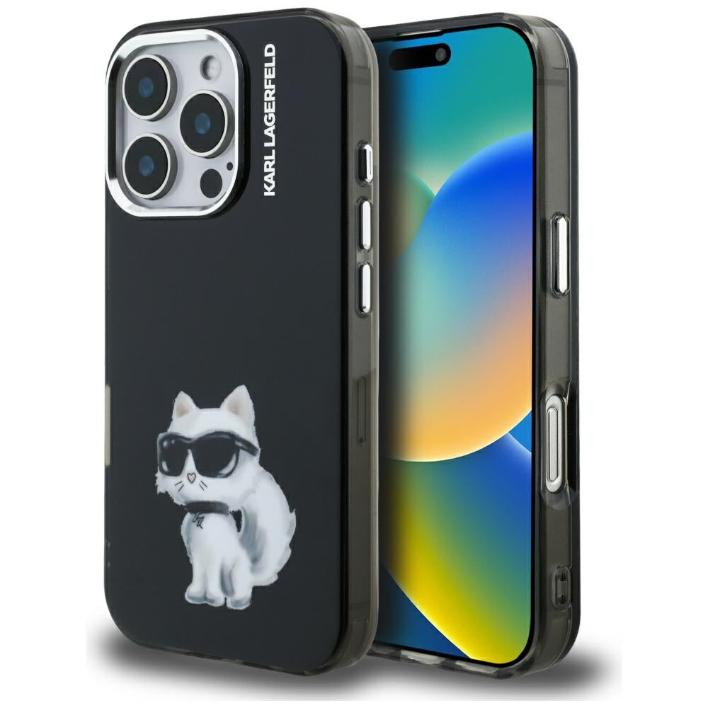 Hoes voor Apple iPhone 16 Pro Max, Karl Lagerfeld, IML Aquarelle Logo Choupette, Zwart