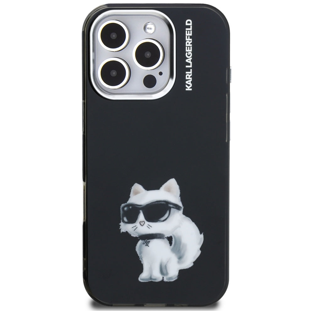 Hoes voor Apple iPhone 16 Pro Max, Karl Lagerfeld, IML Aquarelle Logo Choupette, Zwart