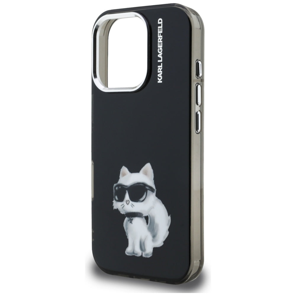 Hoes voor Apple iPhone 16 Pro Max, Karl Lagerfeld, IML Aquarelle Logo Choupette, Zwart