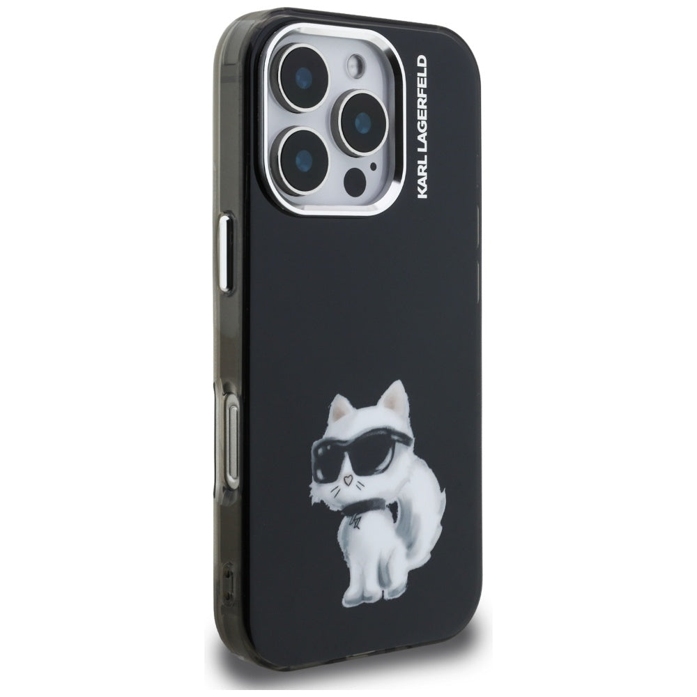 Hoes voor Apple iPhone 16 Pro Max, Karl Lagerfeld, IML Aquarelle Logo Choupette, Zwart