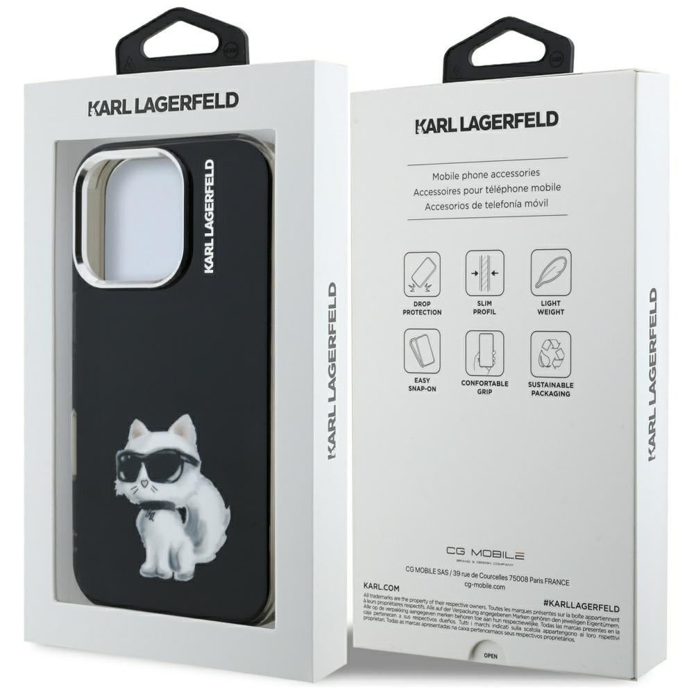 Hoes voor Apple iPhone 16 Pro Max, Karl Lagerfeld, IML Aquarelle Logo Choupette, Zwart