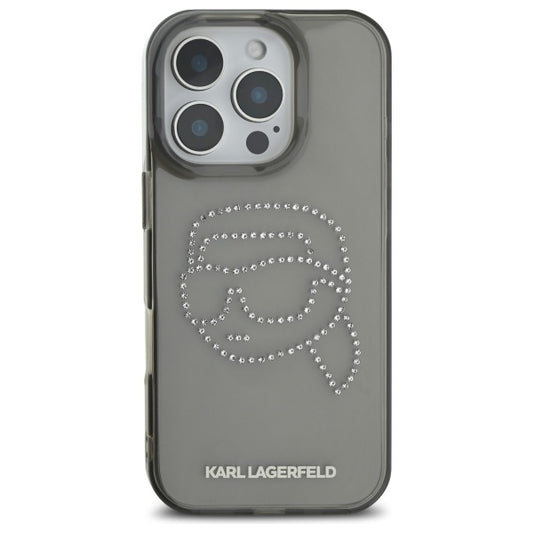 Hoes voor Apple iPhone 16 Pro Max, Karl Lagerfeld, IML Rhinestones Karl's Head, Zwart
