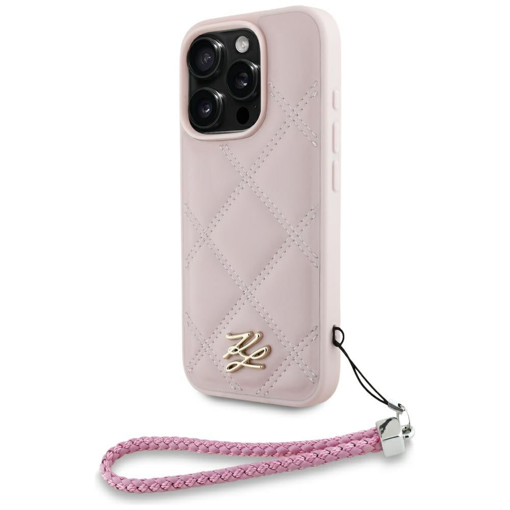 Hoes voor Apple iPhone 16 Pro Max, Karl Lagerfeld, Quilted Initial Logo & Chain Strap, Roze