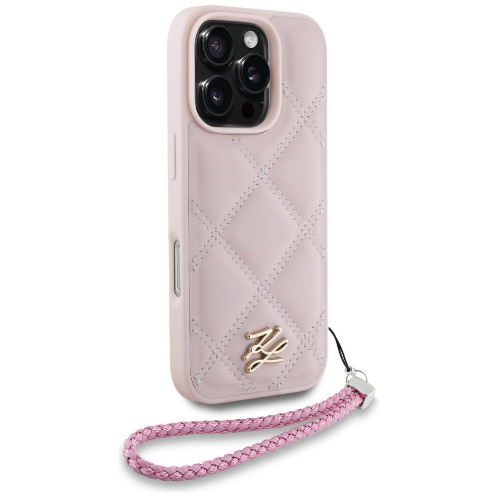Hoes voor Apple iPhone 16 Pro Max, Karl Lagerfeld, Quilted Initial Logo & Chain Strap, Roze
