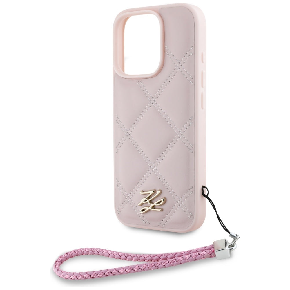 Hoes voor Apple iPhone 16 Pro Max, Karl Lagerfeld, Quilted Initial Logo & Chain Strap, Roze
