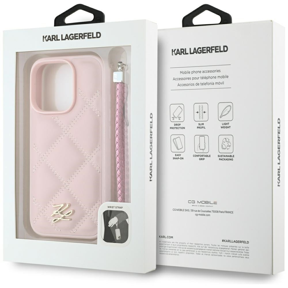 Hoes voor Apple iPhone 16 Pro Max, Karl Lagerfeld, Quilted Initial Logo & Chain Strap, Roze