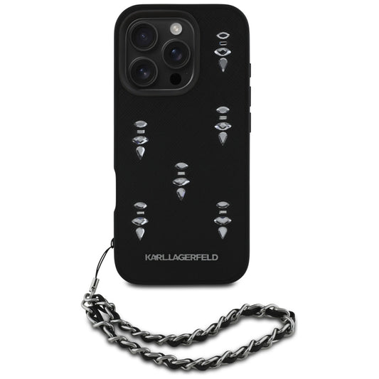 Hoes voor Apple iPhone 16 Pro Max, Karl Lagerfeld, Saffiano Crystals & Charm, Zwart