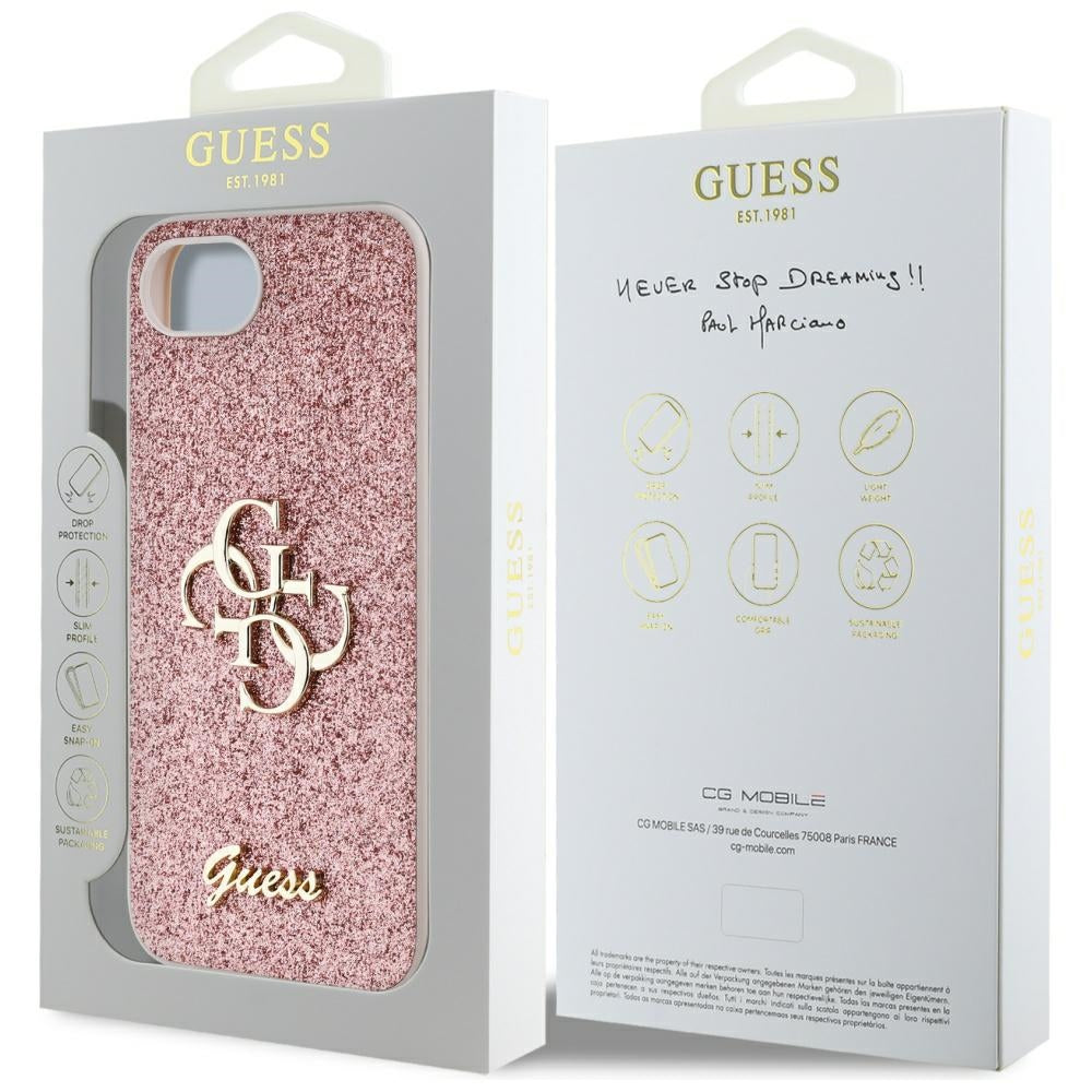 Hoes voor Apple iPhone 17e / 16e, Guess, Fixed Glitter Big 4G, Roze