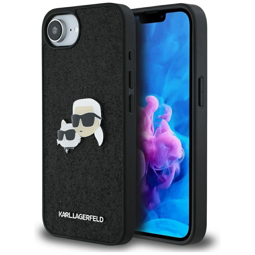 Hoes voor Apple iPhone 17e / 16e, Karl Lagerfeld, Glitter Fixed Karl & Choupette's Heads, Zwart