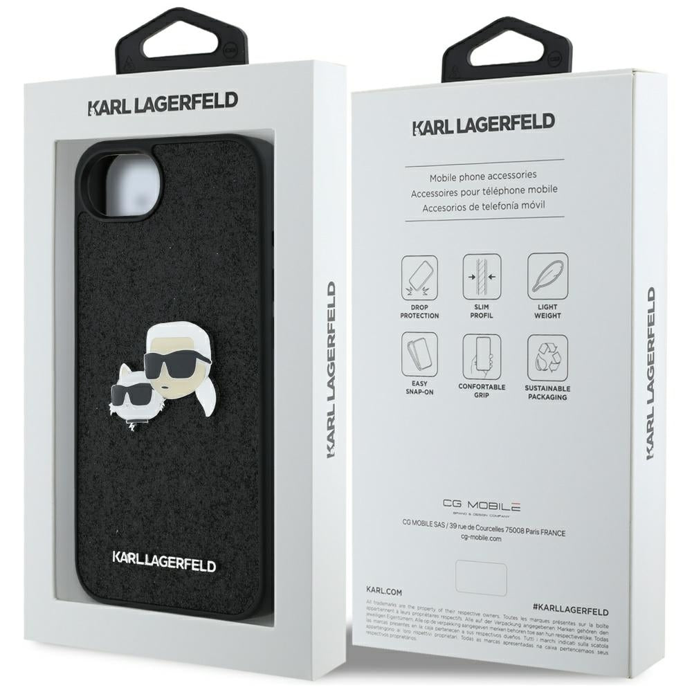 Hoes voor Apple iPhone 17e / 16e, Karl Lagerfeld, Glitter Fixed Karl & Choupette's Heads, Zwart