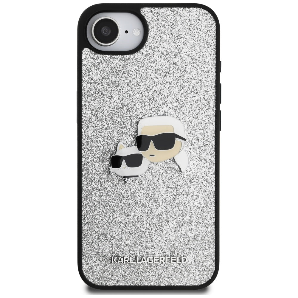 Case for Apple iPhone 17e / 16e, Karl Lagerfeld, Glitter Fixed Karl & Choupette's Heads, Silver