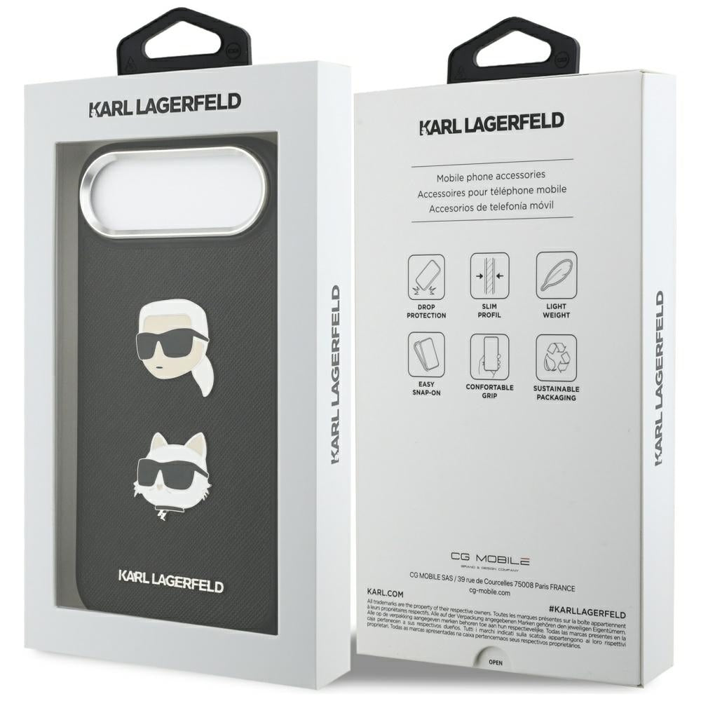Hoes voor Apple iPhone 17 Air, Karl Lagerfeld, Grained Karl & Choupette's Heads Pins and Logo, Zwart