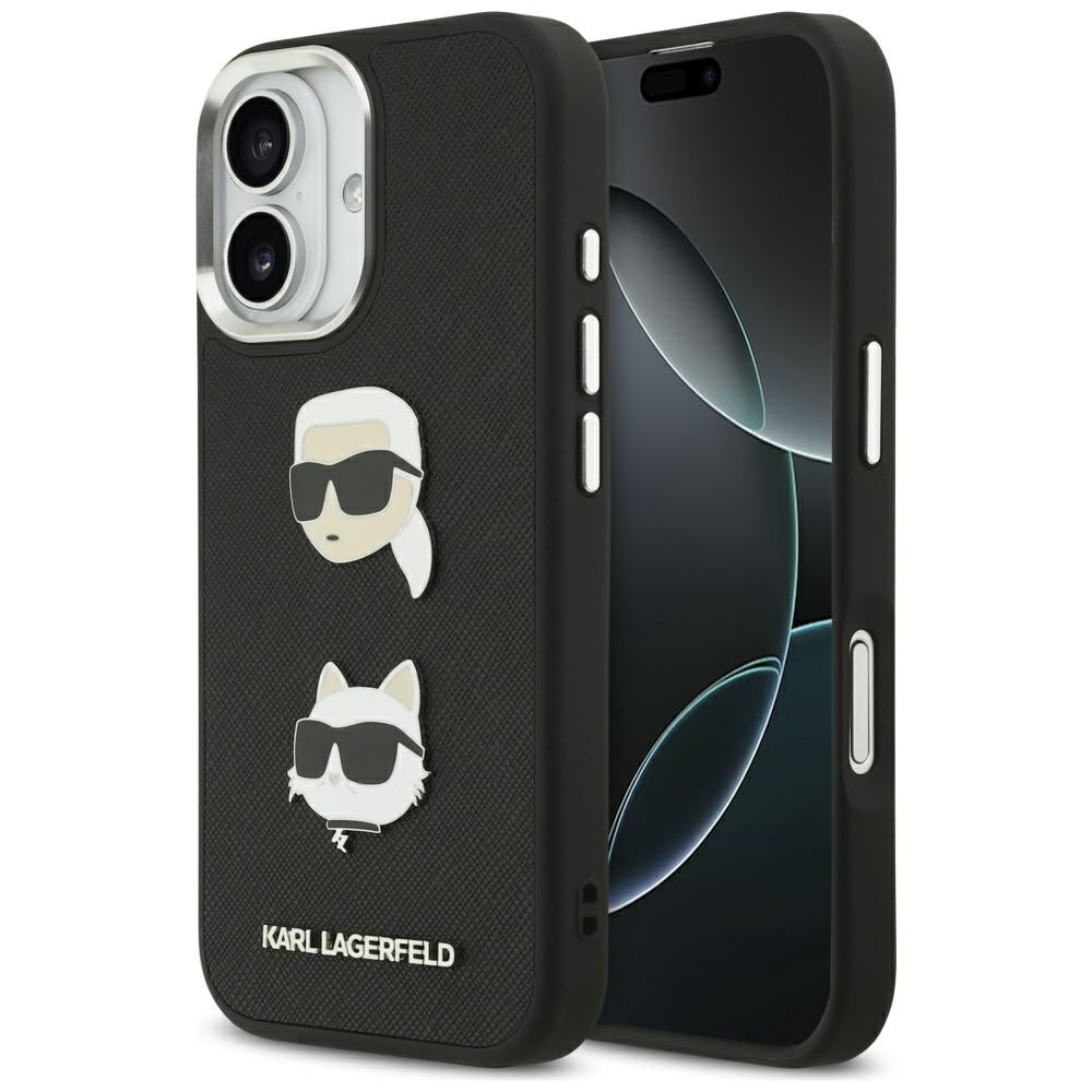 Hoes voor Apple iPhone 17, Karl Lagerfeld, Grained Karl & Choupette's Heads Pins and Logo, Zwart