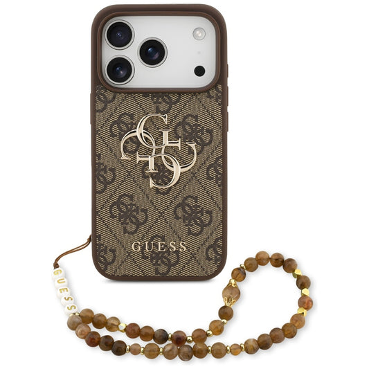 Hoes voor Apple iPhone 17 Pro, Guess, 4G Classic Logo met Parelband, Bruin