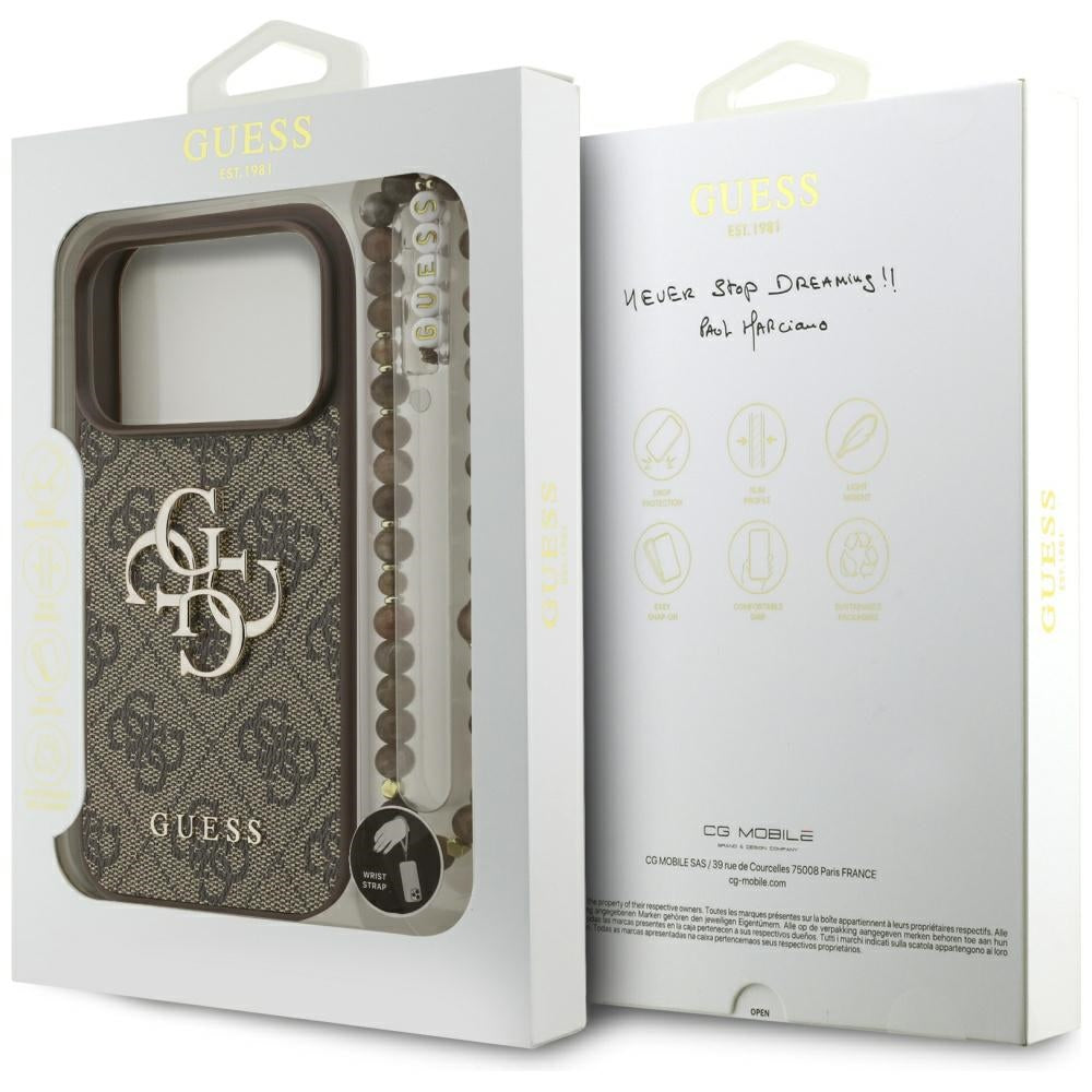 Hoes voor Apple iPhone 17 Pro, Guess, 4G Classic Logo met Parelband, Bruin