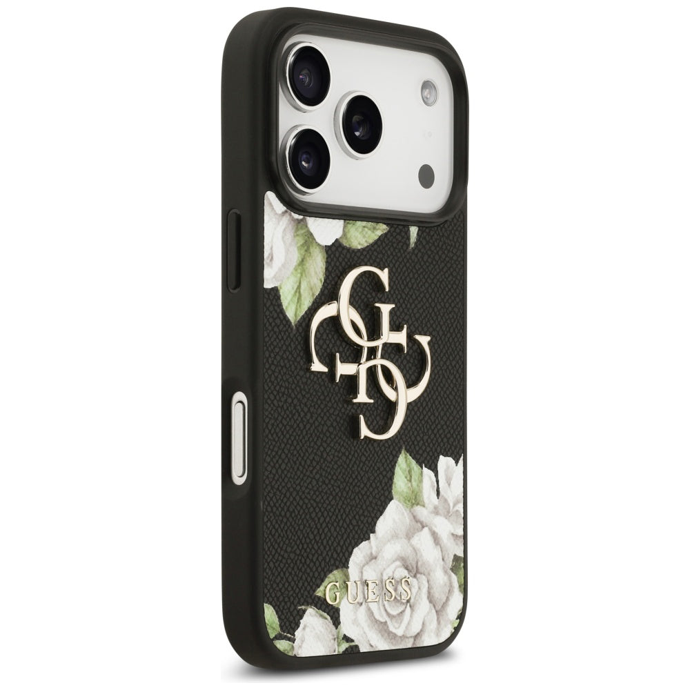 Hoes voor Apple iPhone 17 Pro, Guess, 4G Grained Roses Big Logo, Zwart