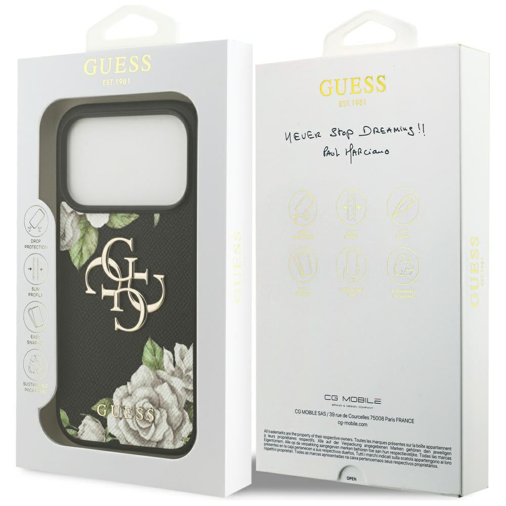 Hoes voor Apple iPhone 17 Pro, Guess, 4G Grained Roses Big Logo, Zwart
