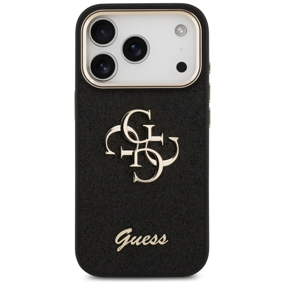 Hoes voor Apple iPhone 17 Pro, Guess, Fixed Glitter Big 4G Metal Frame, Zwart
