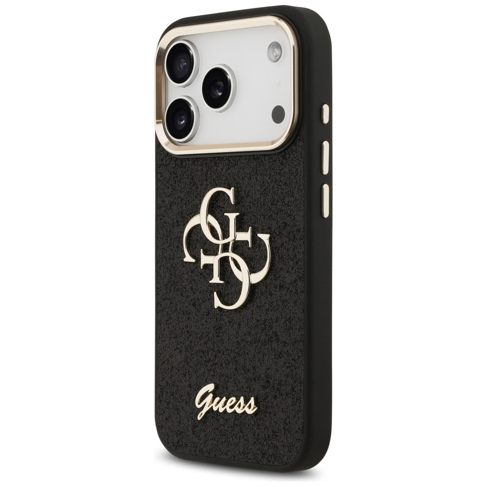 Hoes voor Apple iPhone 17 Pro, Guess, Fixed Glitter Big 4G Metal Frame, Zwart