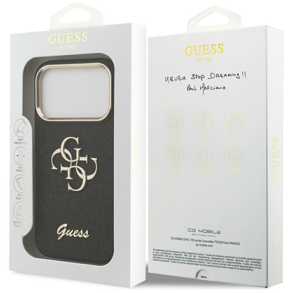 Hoes voor Apple iPhone 17 Pro, Guess, Fixed Glitter Big 4G Metal Frame, Zwart