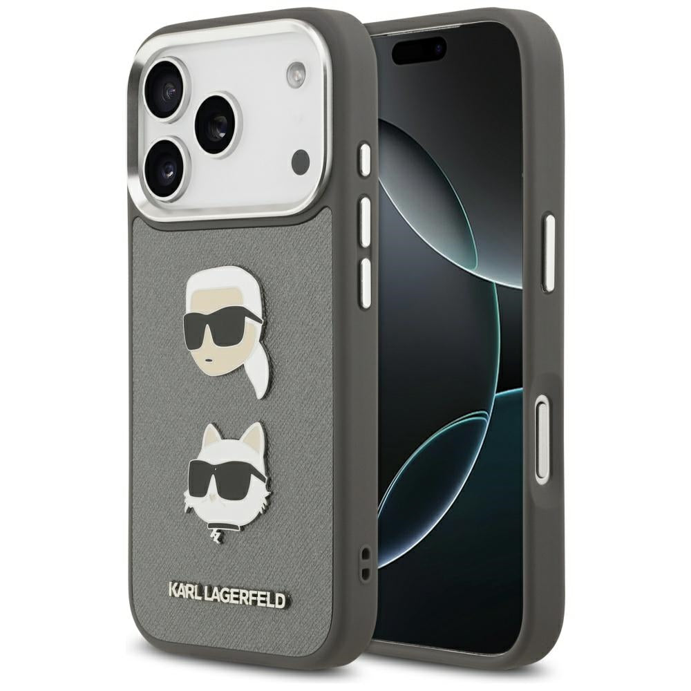 Hoes voor Apple iPhone 17 Pro, Karl Lagerfeld, Grained Karl & Choupette's Heads Pins and Logo, Gri