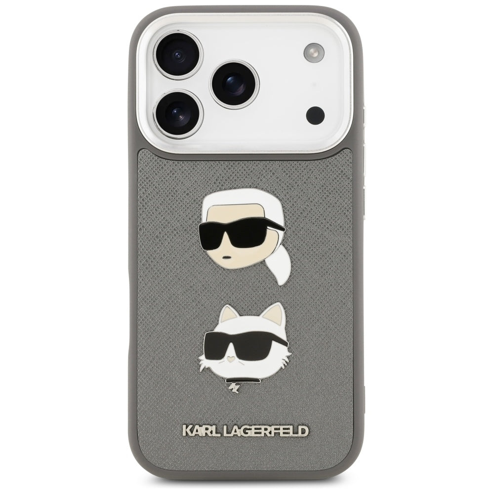 Hoes voor Apple iPhone 17 Pro, Karl Lagerfeld, Grained Karl & Choupette's Heads Pins and Logo, Gri