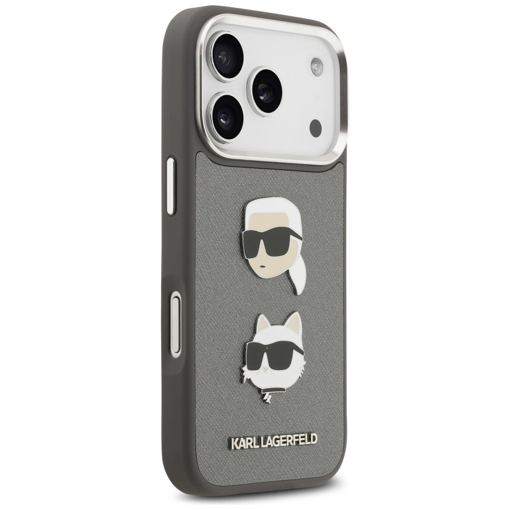 Hoes voor Apple iPhone 17 Pro, Karl Lagerfeld, Grained Karl & Choupette's Heads Pins and Logo, Gri