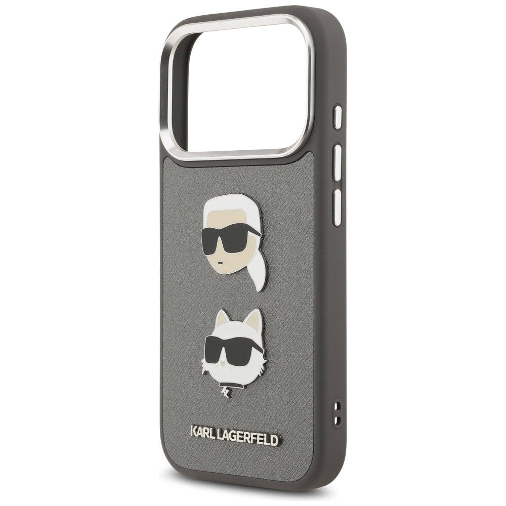 Hoes voor Apple iPhone 17 Pro, Karl Lagerfeld, Grained Karl & Choupette's Heads Pins and Logo, Gri