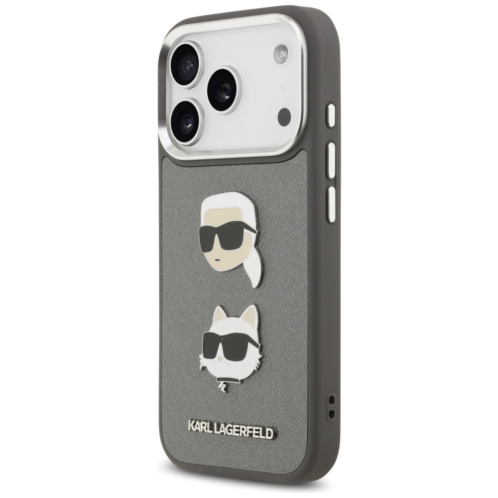 Hoes voor Apple iPhone 17 Pro, Karl Lagerfeld, Grained Karl & Choupette's Heads Pins and Logo, Gri