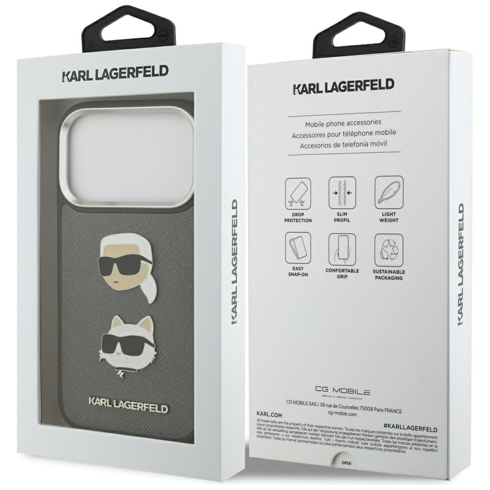 Hoes voor Apple iPhone 17 Pro, Karl Lagerfeld, Grained Karl & Choupette's Heads Pins and Logo, Gri