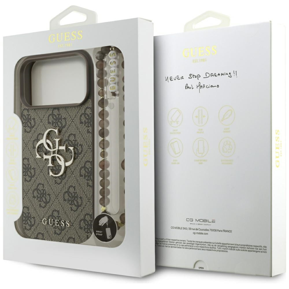 Hoes voor Apple iPhone 17 Pro Max, Guess, 4G Classic Logo met Parelband, Bruin