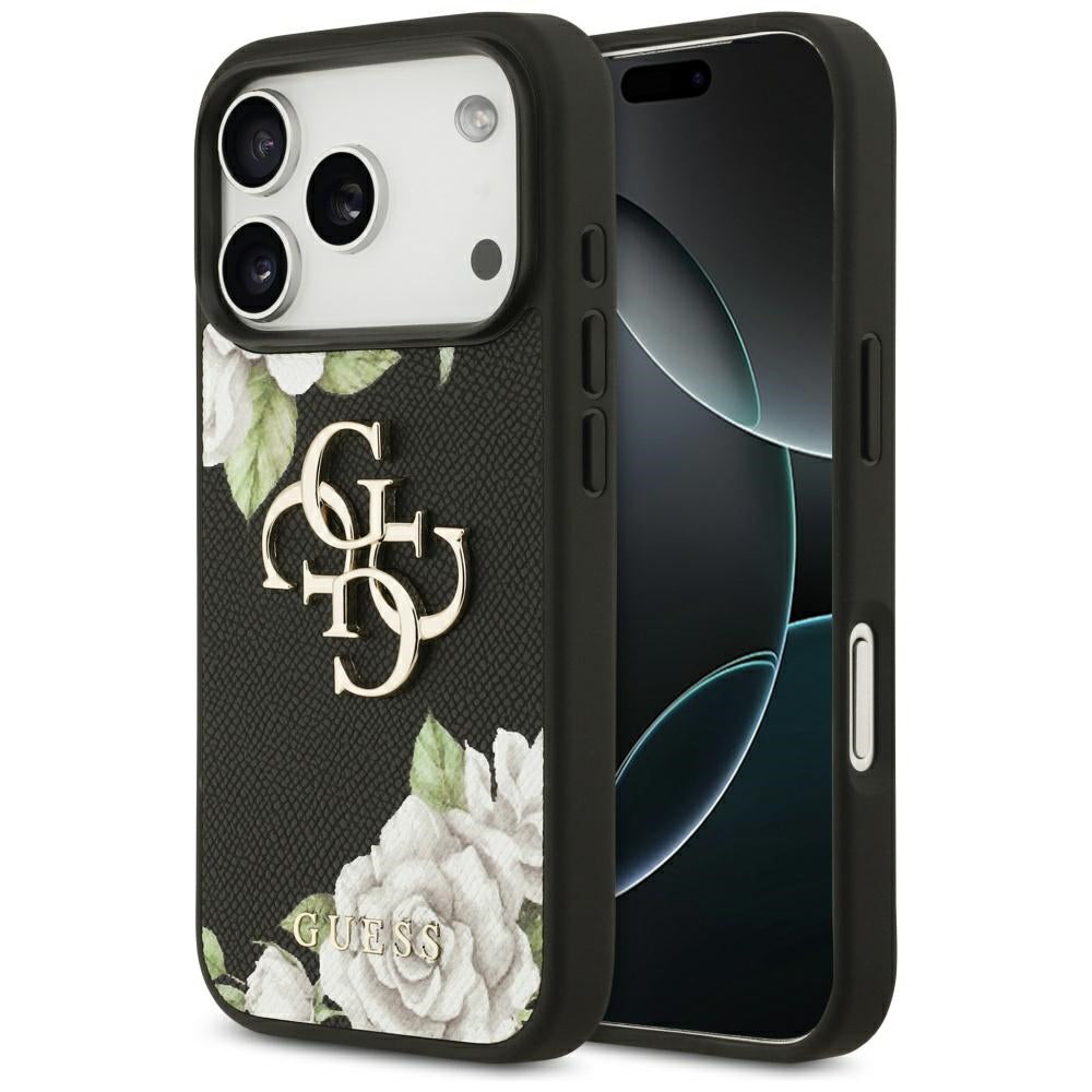 Hoes voor Apple iPhone 17 Pro Max, Guess, 4G Grained Roses Big Logo, Zwart