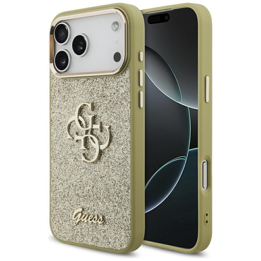 Hoes voor Apple iPhone 17 Pro Max, Guess, Fixed Glitter Big 4G Metal Frame, Goudkleurig