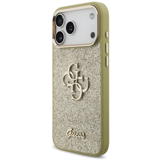 Hoes voor Apple iPhone 17 Pro Max, Guess, Fixed Glitter Big 4G Metal Frame, Goudkleurig