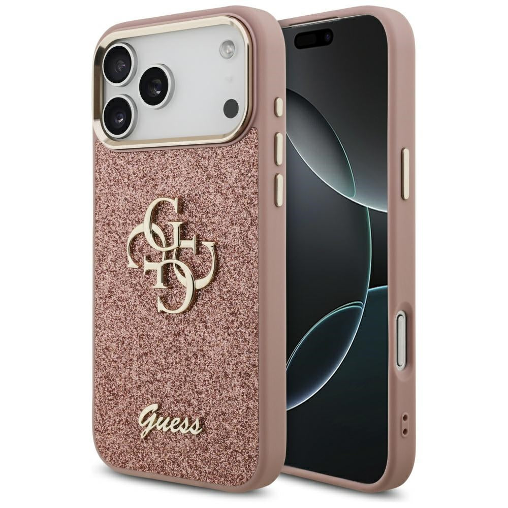 Hoes voor Apple iPhone 17 Pro Max, Guess, Fixed Glitter Big 4G Metal Frame, Roze