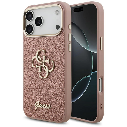 Hoes voor Apple iPhone 17 Pro Max, Guess, Fixed Glitter Big 4G Metal Frame, Roze
