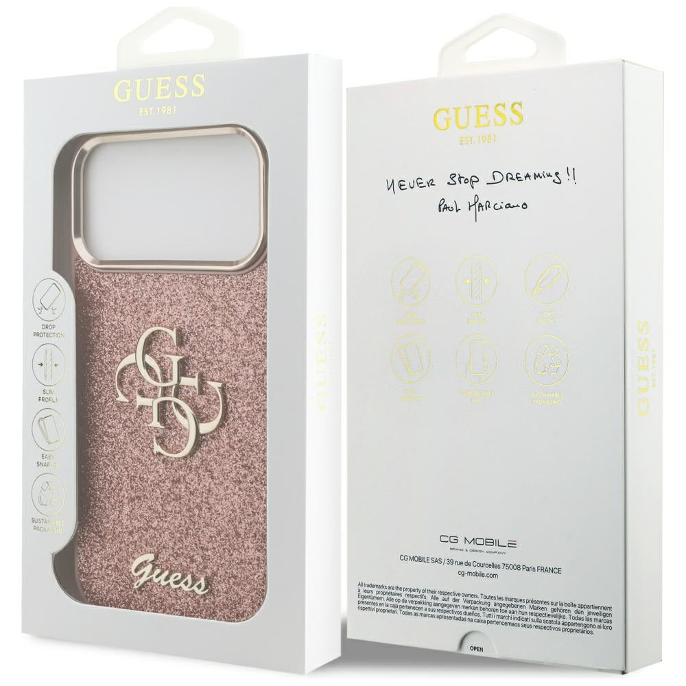 Hoes voor Apple iPhone 17 Pro Max, Guess, Fixed Glitter Big 4G Metal Frame, Roze
