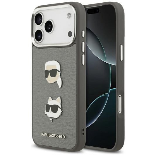 Hoes voor Apple iPhone 17 Pro Max, Karl Lagerfeld, Grained Karl & Choupette's Heads Pins and Logo, Gri