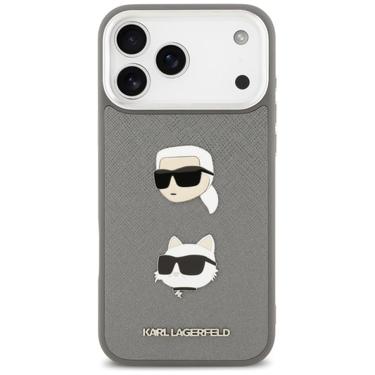 Hoes voor Apple iPhone 17 Pro Max, Karl Lagerfeld, Grained Karl & Choupette's Heads Pins and Logo, Gri