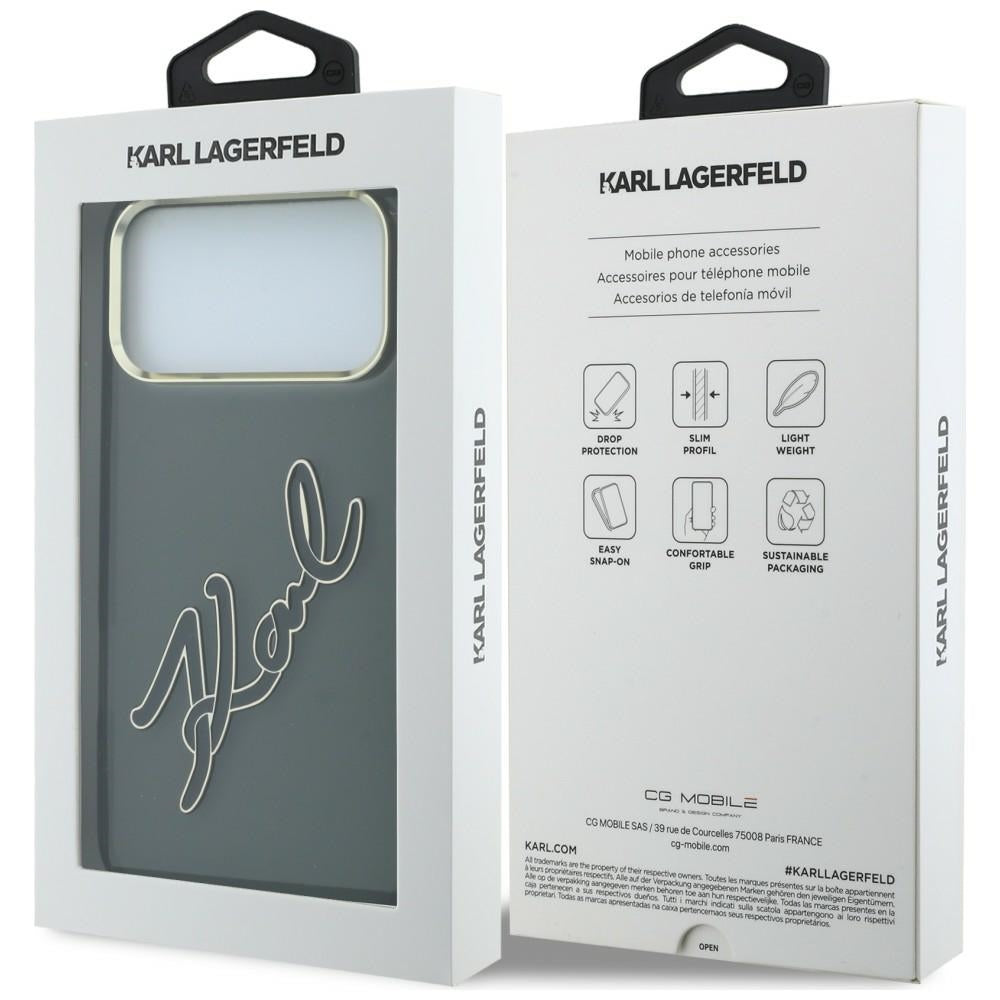 Hoes voor Apple iPhone 18 Pro / 17 Pro, Karl Lagerfeld, IML Big Signature Resin Logo en Metalen Frame, Zwart