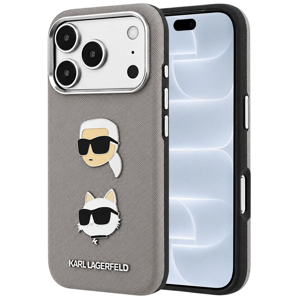 Hoesje voor Apple iPhone 18 Pro / 17 Pro, Karl Lagerfeld, Saffiano met Karl & Choupette Head's Pin en logo, grijs