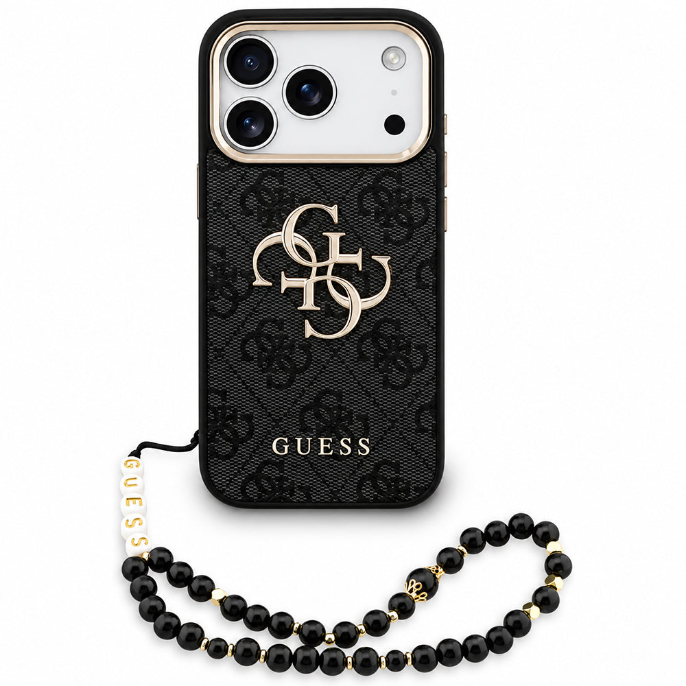 Hoes voor Apple iPhone 18 Pro Max / 17 Pro Max, Guess, 4G Classic Logo met Band, Zwart Goud