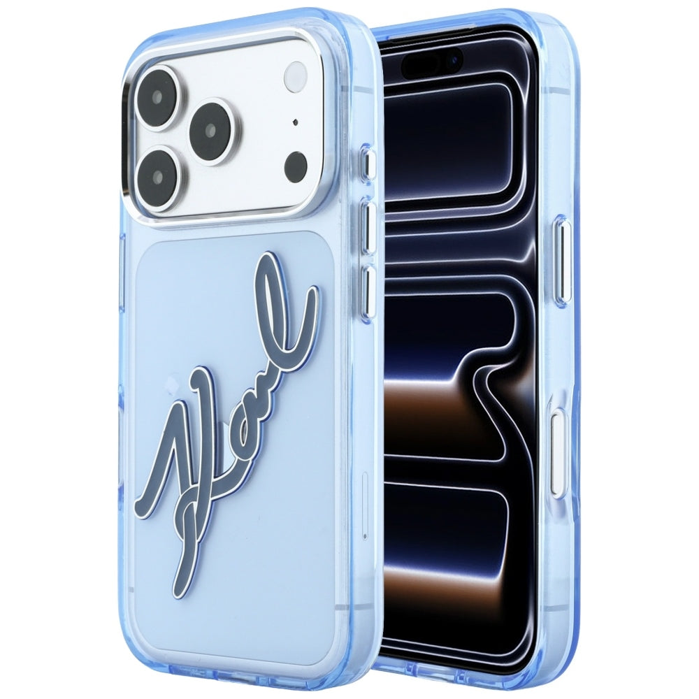 Hoesje voor Apple iPhone 18 Pro Max / 17 Pro Max, Karl Lagerfeld, IML Big Signature Resin Logo Metal Frame, Blauw