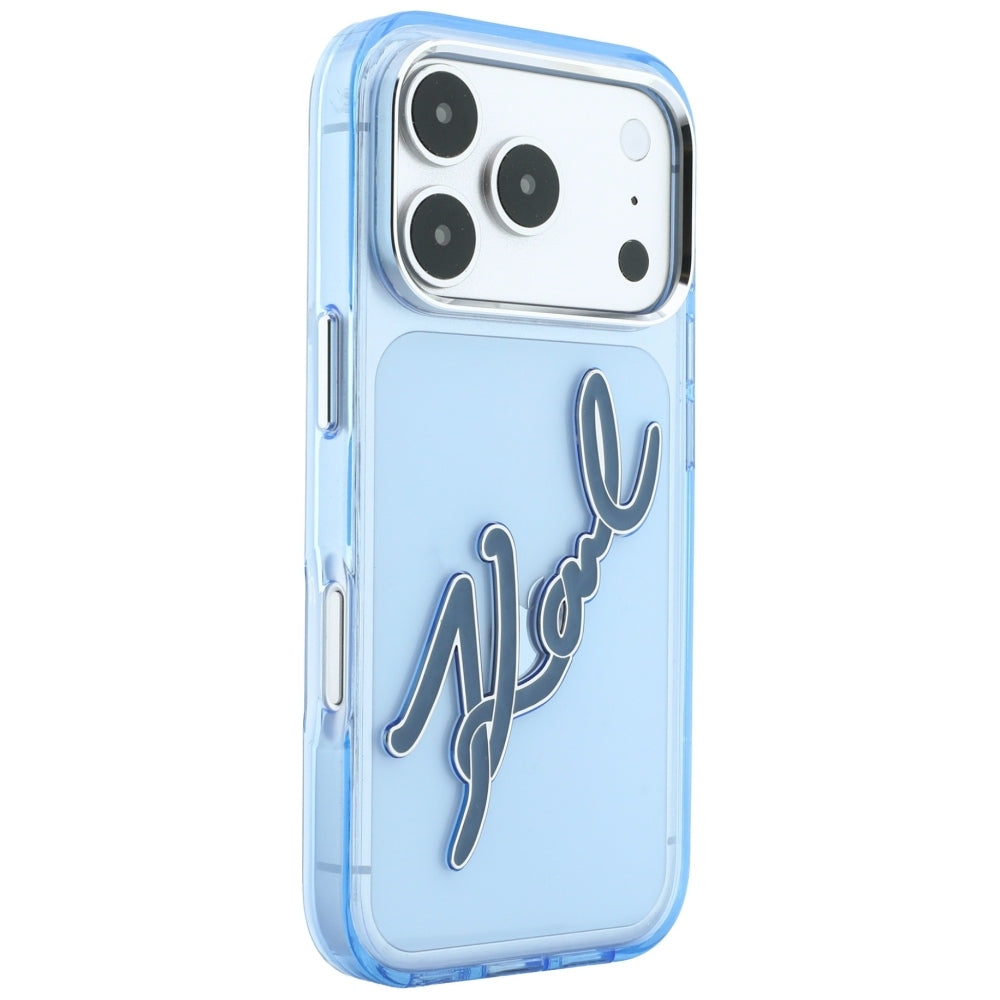 Hoesje voor Apple iPhone 18 Pro Max / 17 Pro Max, Karl Lagerfeld, IML Big Signature Resin Logo Metal Frame, Blauw