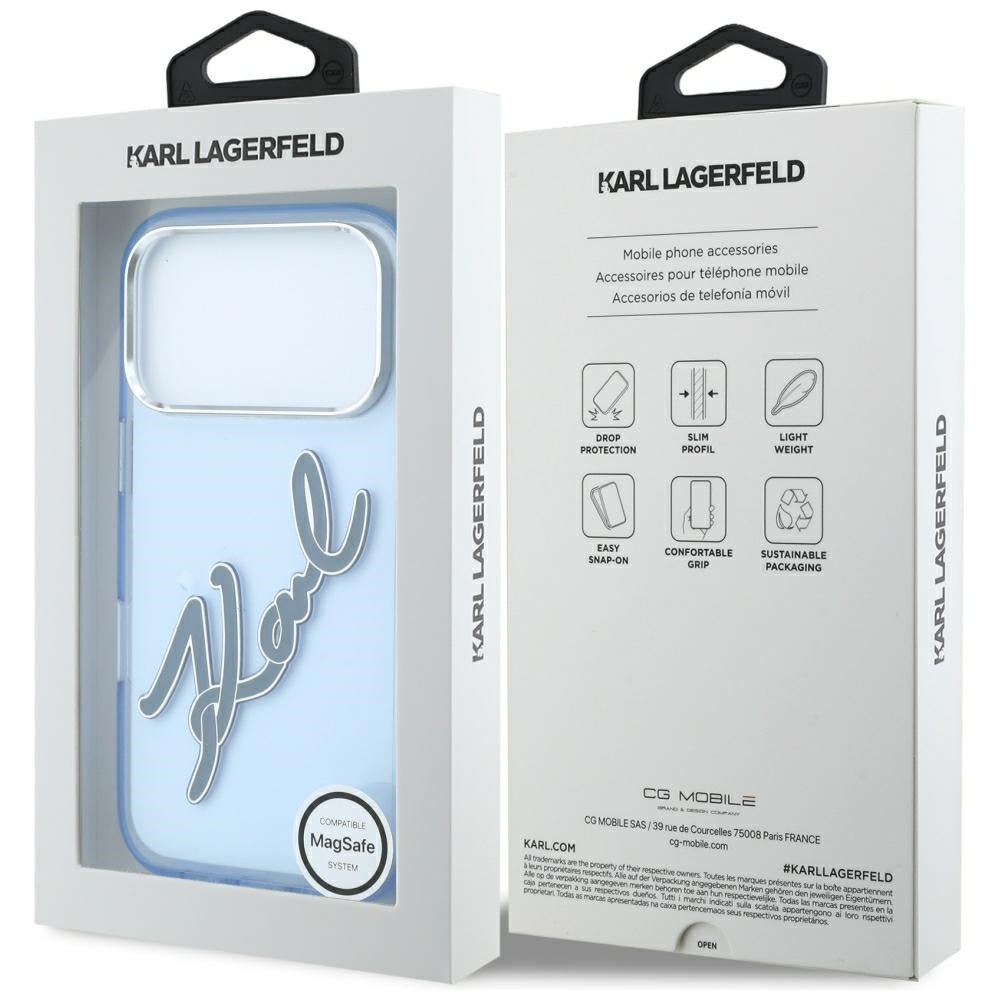 Hoesje voor Apple iPhone 18 Pro Max / 17 Pro Max, Karl Lagerfeld, IML Big Signature Resin Logo Metal Frame, Blauw